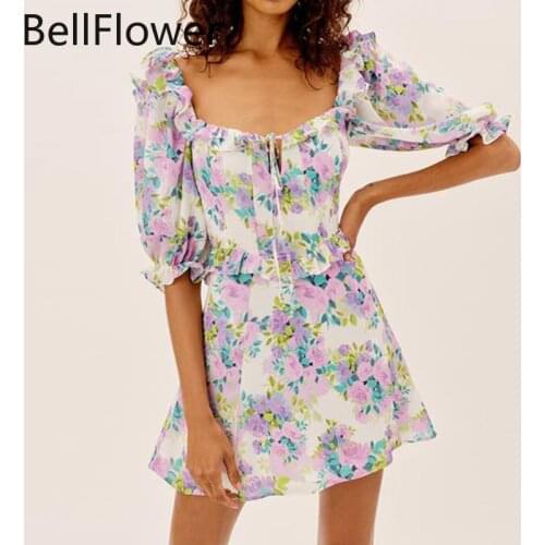 Flower Print Womens Clothing 2021 Hollow Out Bohemian Chiffon Square Collar Short Sleeve Belt A-LINE Ruffle Sexy Free Shipping