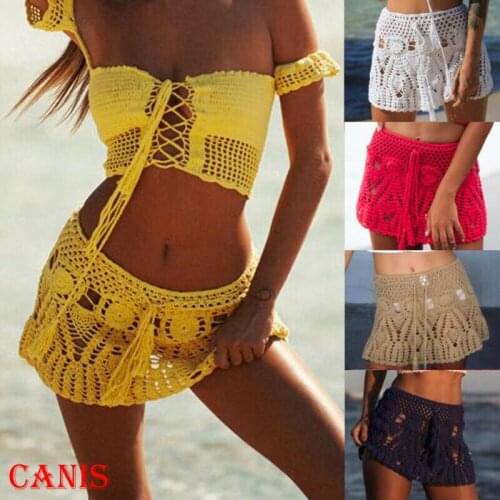 Women High Waist Swim Skirt Knit Hollow Out Short Dress Bikini Bottom Swimwear