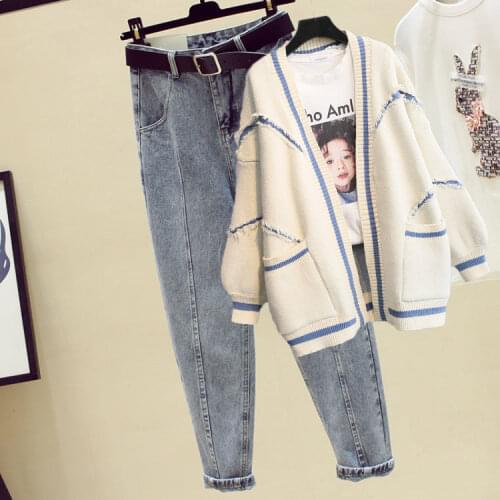 Women 2021 Autumn Fashion Suits Female V-neck Knitted Cardigan Coats Ladies Denim Harem Pants Two-Piece Sets Clothing P187