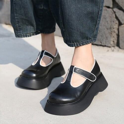 Original Genuine Leather Flat Platform Shoes Black Women 2021 New Spring Single Shoes Lolita 5 cm Thick Heel Round Head Comfort