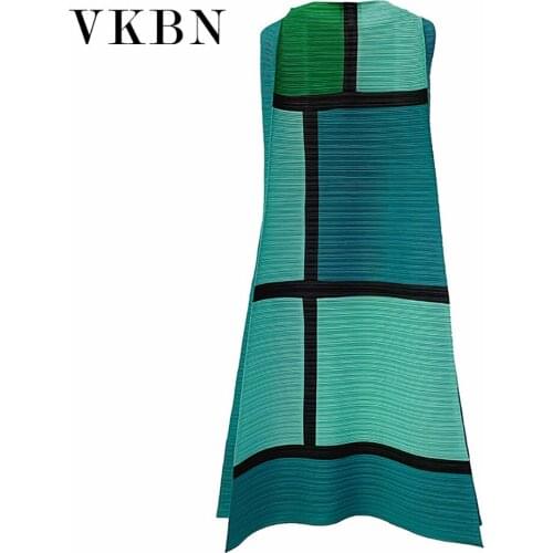 VKBN Dress for Women Slash Neck Pleated Fabric Casual Sleeveless Patchwork Color Party Dress Elegant Vestidos De Fiesta