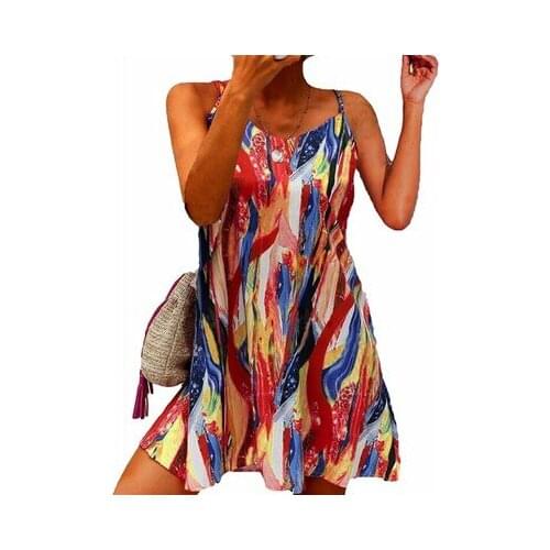 Womens A-line O Neck Sexy Loose Color Block Printed Sling Harajuku Dress Ladies Pullover Sleeveless Plus Size S-3XL Mini Dress