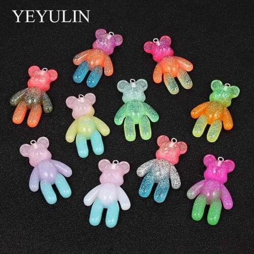 10pcs Mixed Color Resin Bear Gradient Color Charms Pendant For Woman Girls Necklace Bracelet DIY Jewelry Making