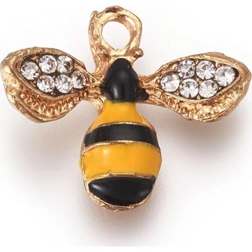 100Pcs Alloy Enamel Pendants Rhinestones Bees Charms For DIY Handmade Necklace Bracelet Jewelry Making 18x18x3mm, Hole: 2mm