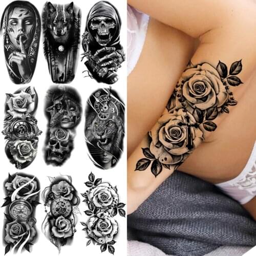 3D Sexy Black Rose Flower Temporary Tattoos For Adults Wolf Vampire Forest Skull Pirate Compass Fake Tattoo Sticker Arm Tatoos