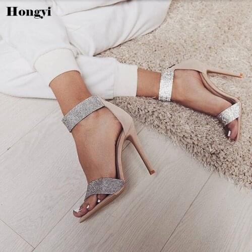 Bling Bling Crystal Sandals High Heels Ankle Wrap Gladiator Sandal Shoes Women Stiletto Heel Wedding Rhinestone concise Sandal