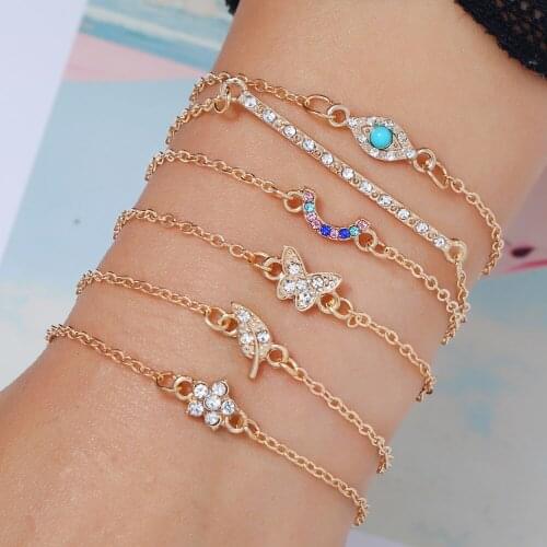 Bohopan 6PCS/Set Fashion Shine Rhinestone Gold Bracelets Set Hot Sales Flower/Leaves Shape Charm Bracelet Vintage pulseras mujer