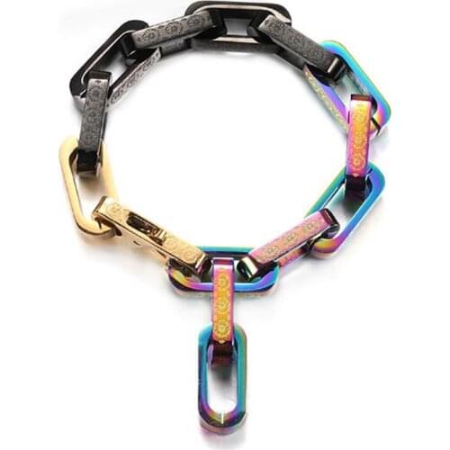 Stainless Steel Minimalism Hip Hop Rainbow Black Rectangle Shaped Chain Link Bracelet Bangle Jewelry Street Dance Gift