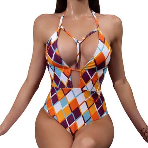 One Piece Swimsuit 2021 Sexy Push Up Swimwear Women Print Monokini Halter Hollow Out Swimsuit Bodysuit Bathing Suit Swim Wear