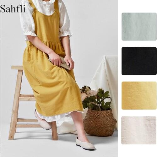 Korean Style Aprons Sleeveless Solid Color Cross Bandage Cotton Fauxlinen Blend Apron Dress with Pockets Kitchen Cooking Clothes