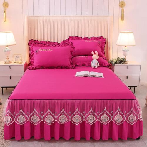 Rose Red Bed Cover Lace Bedspreads Fitted Sheet Pillowcases 1/3pcs Princess Ruffles Bedding Bed Skirt for 180/200 CM Mattress