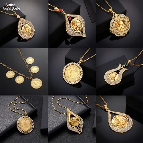 Never Faded Big Size Turkey Coin Pendant & Necklaces with AAA Crystal for Women Gold Color Turkish Coins Jewelry Ethnic Gifts