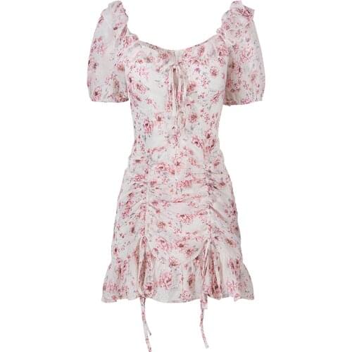 PERHAPS U Women Pink Floral Print V-neck Ruffle Empire Ruched Drawstring Short Sleeve Mini Cherry Blossoms Dress Summer D2631