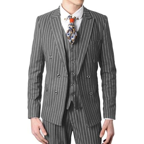 Double Breasted Groomsmen Grey with White Stripes Groom Tuxedos Peak Lapel Men Suits ( Jacket+Pants+Vest+Tie )