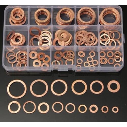 200Pcs Copper Washer Gasket Nut and Bolt Set Flat Ring Seal Assortment Kit With Box M5/M6/M8/M10/M12/M14 for Sump Plugs Water