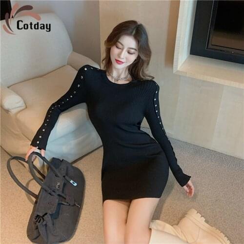 Cotday Autumn Winter Gentle Wind 2020 New Knitted Fashion All-match Womens Black Casual With Hip Covering Sweater Dress