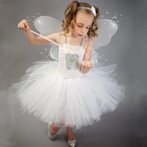 New Set Tooth Fairy Tutu Dress With Wings Outfit White Children Kids Halloween Costumes Cute Tulle Girls Birthday Party Dresses