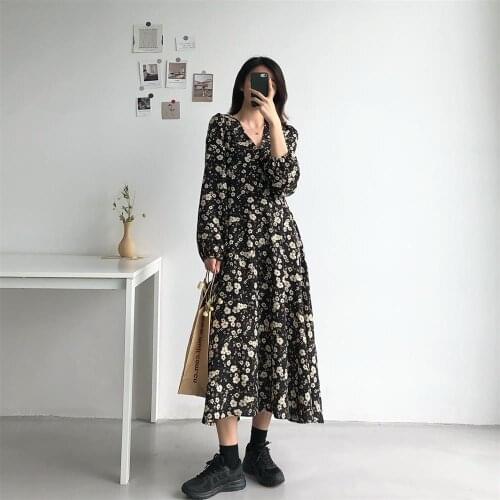 Vintage Mid-Calf Dress Sweet V-neck Floral A-Line Long Dress Spring Autumn Casual Loose Dress Korean Fashion Vestidos