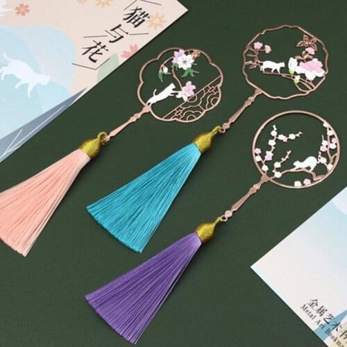 Hollow Chinese Cats Flower Pattern Tassel Metal Bookmark School Stationery Gift