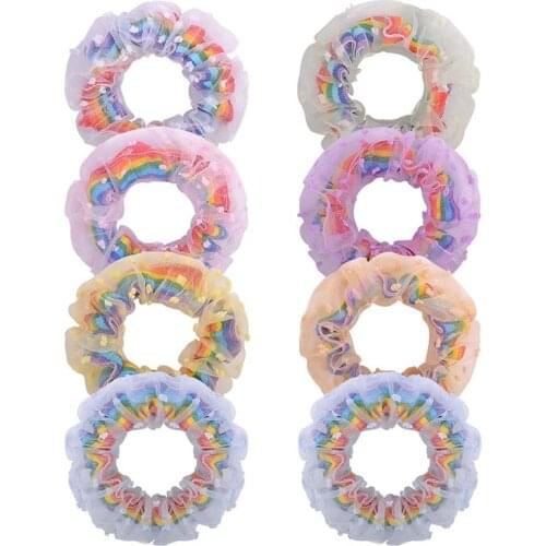 Summer Girls Elastic Mesh Scrunchie Rubber Band Lace Rainbow Flower Ponytail Holder Hair Ring Rope Organza Hair Accessories