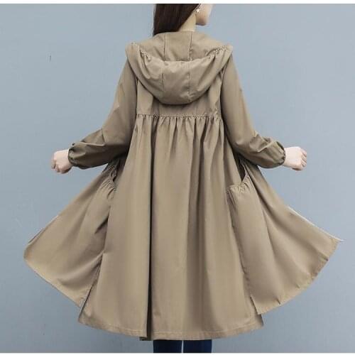 Spring and Summer New Hooded Straight Trench Coat Womens Long Loose Size Joker Coat Zipper Womens Trench Coat