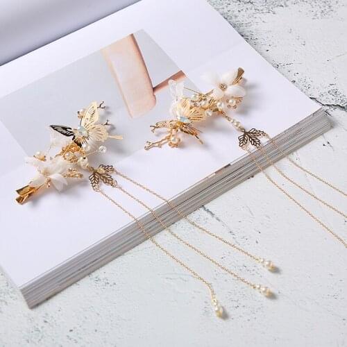 Pair of vintage handmade bead gold butterfly Hairpin tassel Headband Hair accessories Headwear for kimono hanfu COSPLAY