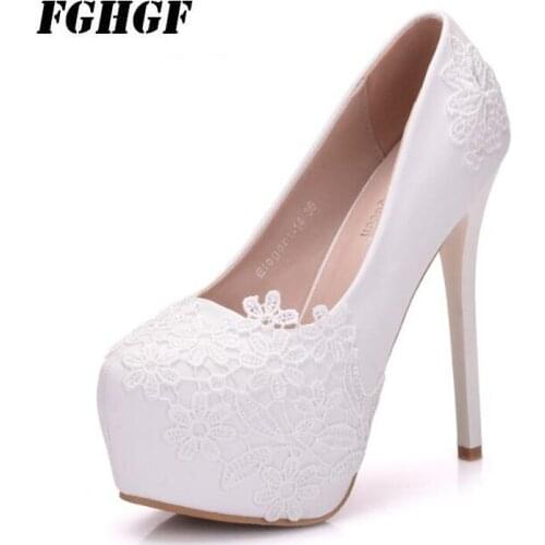 High Heel WomenS Shoes New Autumn Wedding Shoes 14cm White Lace Net High Heels Wedding Shoes Large Size Slender Platform Shoes