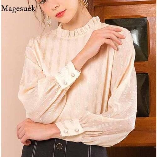 Lantern Sleeve Fashion Sweet Autumn Chiffon Blouse Women Stand-up Collar Dobby Striped Tops Button Pullover Shirts Blusas 11781