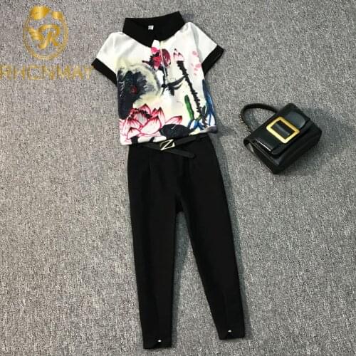 2021 Summer High quality 2 Piece Set Womens Short Sleeve Vintage Printed Chiffon Shirt Top + Calf Length Pants Suit