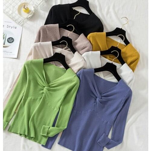 Sexy V Neck Female Sweaters 2021 Autumn Clothes Long Sleeve Top Pullover Women Basic Casual Ribbed Knitted Sweater Pull Femme