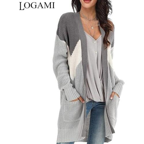 LOGAMI Knitted Cardigan V Neck Geometric Colorblock Cardigan Women Long Sleeve Pocket Sweater Long Knitwear