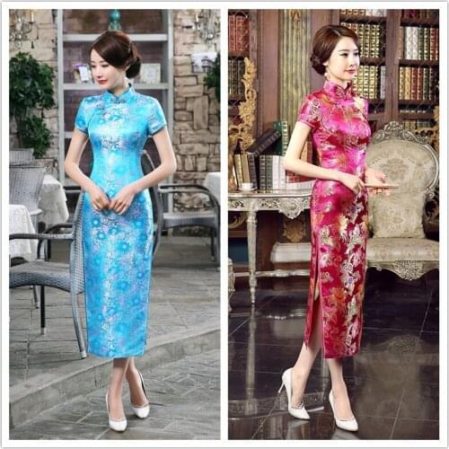 Ladies Chinese Traditional Cheongsam Dress Vintage Split Dress for Female Short Sleeve Long Qipao Tang Suit Sexy Bodycon Dress