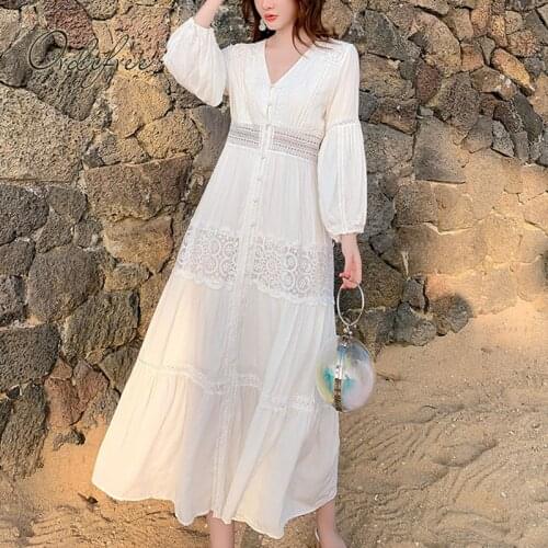 Ordifree 2021 Summer Vintage Women Maxi Dress Long Sleeve White Lace Vocation Sexy Tunic Long Beach Dress
