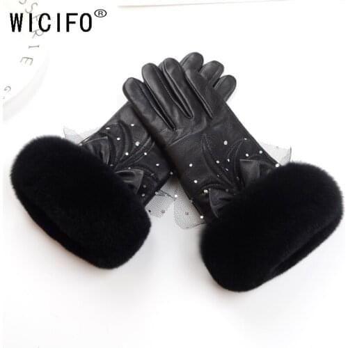 2019 Wucifo Fashion Women Warm Thick Winter Glove Leather Elegant Girls Brand Mittens Rabbit Fur Womens Gloves