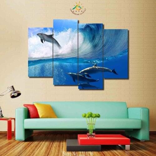 3-4-5 panels/set Dolphin playing Wave HD Printed Paint Home Decoration Living Room Or Bedroom Canvas Print Painting Wall Picture