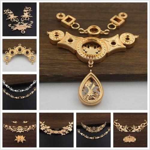 6sets Brass Casted Filigree Flower Open Back Stone Cameo Base Connectors Oriental Tassel Choker Necklace DIY Jewelry Accessories