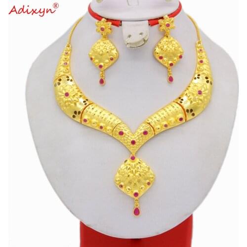 Adixyn 2021 Dubai African Jewelry Set Necklace Earrings for Women 24K Gold Color Indian Ethiopian Wedding Crystal Gifts N04075