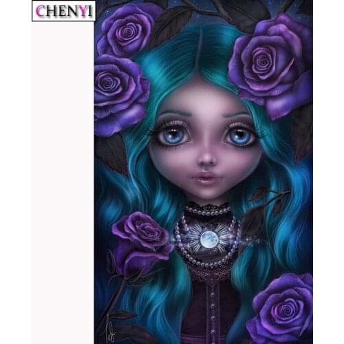 CHENYI 5D Diamond Embroidery Big Eye Girl Diamond Painting Cross Stitch Rhinestone Purple Rose Mosaic Paint By Number Home Decor