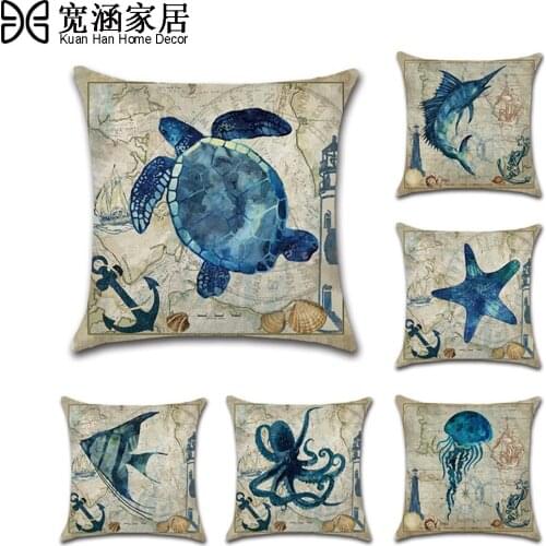 Marine Life Pillow Cover Cotton Linen Pillow Case Removable Washable Dustproof Hippocampus Pillowcase Sea Turtle Cushion Cover