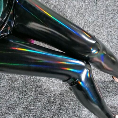 Black PU Leather Pants High Waist Trousers Women Punk High Street Rainbow Reflective Leggings S