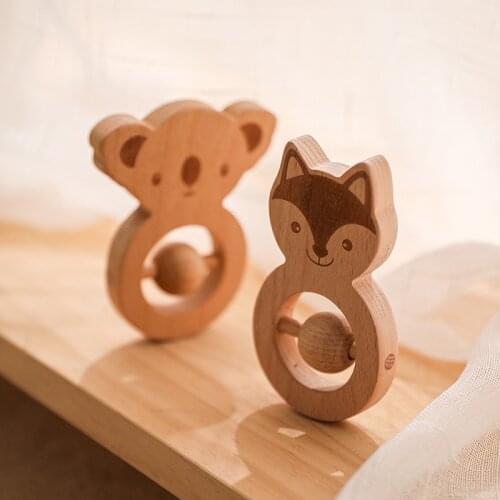 Baby Wooden Rattle Toys Animal Fox Music Mobile Rattle Baby Teether Wooden Rodent For Newborn Beech Beads Baby Products Gift Toy