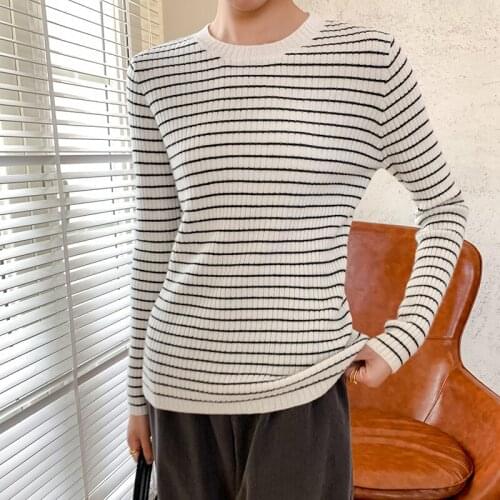 Long Sleeve Knit Warm Cashmere Sweater Shirt Women Pullover 2020 Korean Oversize O-Neck Top Elasticity Slim Fit Striped Casual