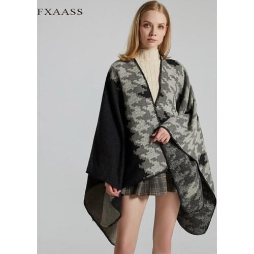FXAASS New 2020 Autumn Winter Shawl Fashion Poncho Women Cashmere Scarf Lady Luxury Blanket Warm Pashmina Houndstooth Plaid Cape