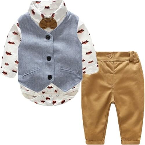 Baby Boy Clothing Set for Newborn Cotton Gentleman Formal Birthday Outfit Vest + Romper + Pants with Bow 3 6 9 12 18 24 Mouthes