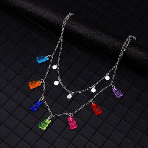 7 Color Cartoon Animal Mini Gummy Bear Necklaces & Pendants for Women Girl Small Sequins Clavicle Chain Necklaces Daily Jewelry