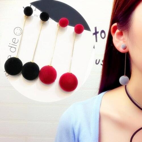 Fashion Red Black Plush Ball Drop Earrings For Women Korea Velvet Round Tassel Long Dangle Earrings Statement Pendant Jewelry