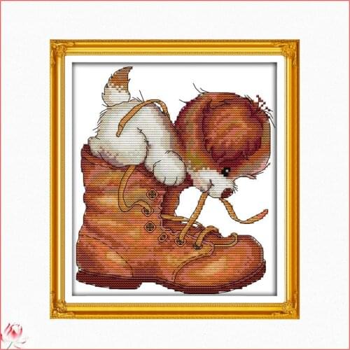 Dog And Shoes Cross Stitch Kit 14ct 11ct Canvas Fabric Embroidery Kit DIY Cartoon Animal Pattern Sewing Set Home Decoration