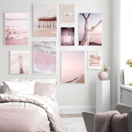 Pink Ocean Waves Wall Art Coastline Surfboard Sand Poster Print Nordic Beach Landscape Canvas Painting Picture Modern Home Decor