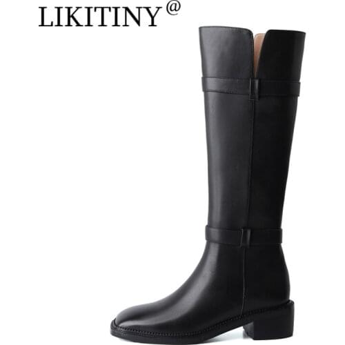 NEW LIKITINY 2021 Autumn Fashion Square Head Womens shoes Leisure Retro Brown Chunky heels Genuine leather Knee high boots