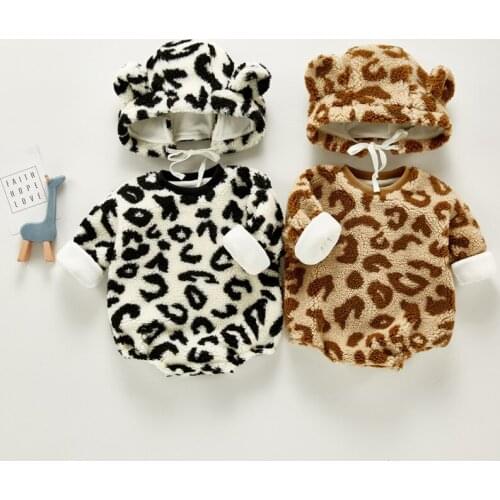Autumn Winter Infant Baby Clothes Warm Plush Leopard Print Bodysuit For Boys Girls Extra Thick Soft Wrap Cap+Bodysuit Clothing